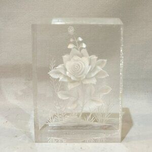 LORENZO Signed Etched Roses Lucite Acrylic Block Paperweight